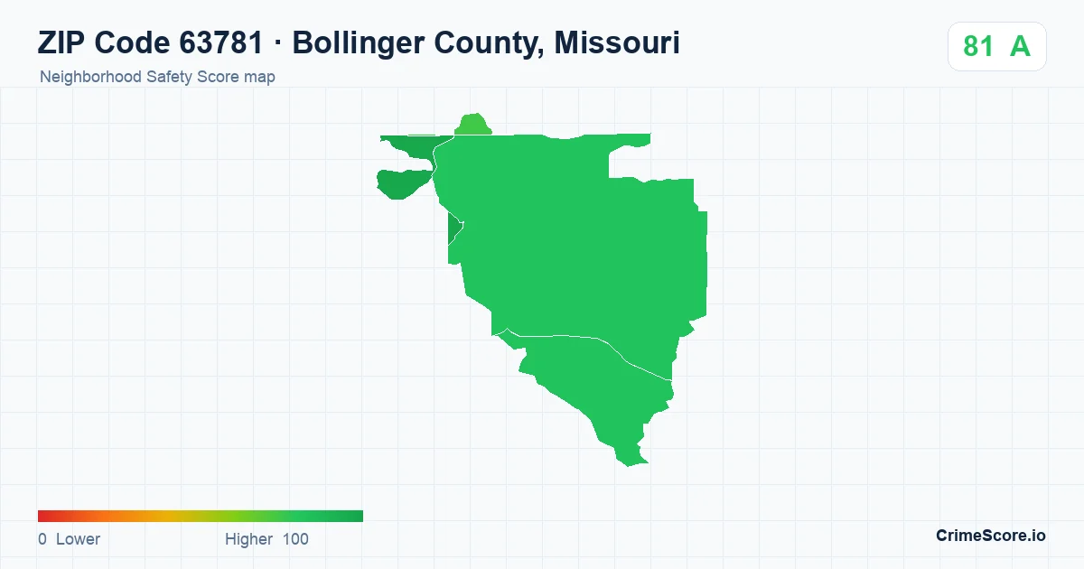 ZIP Code 63781 in Bollinger County, Missouri neighborhood Safety Score map