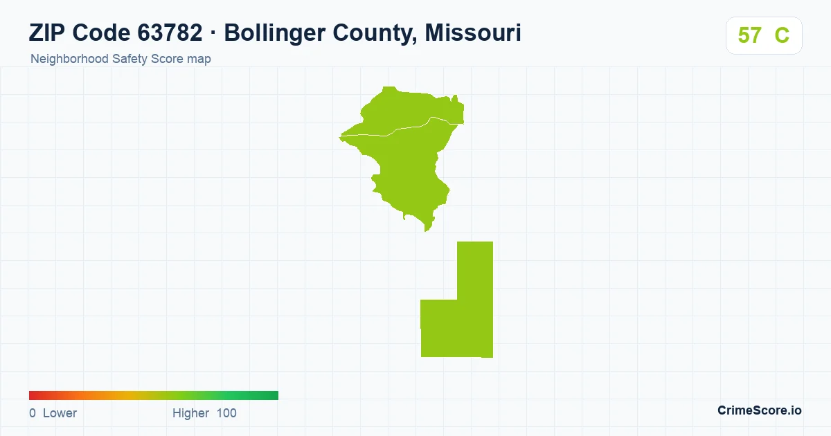 ZIP Code 63782 in Bollinger County, Missouri neighborhood Safety Score map