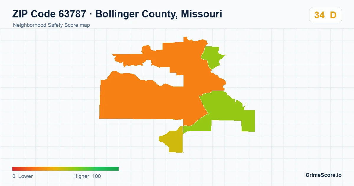 ZIP Code 63787 in Bollinger County, Missouri neighborhood Safety Score map