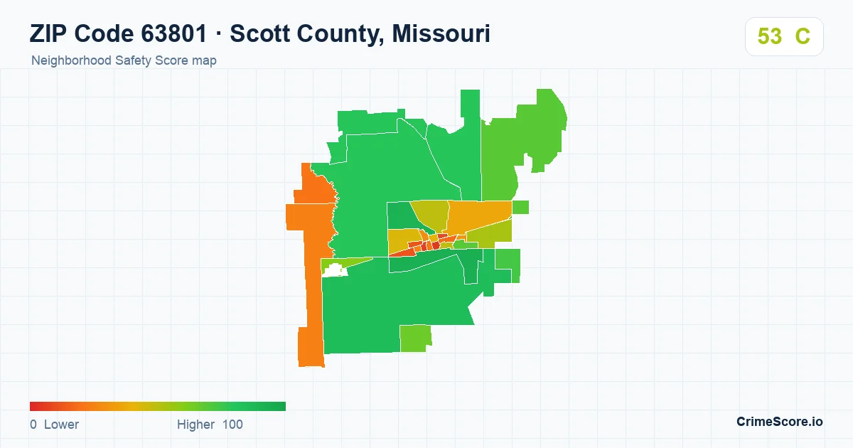 ZIP Code 63801 in Scott County, Missouri neighborhood Safety Score map