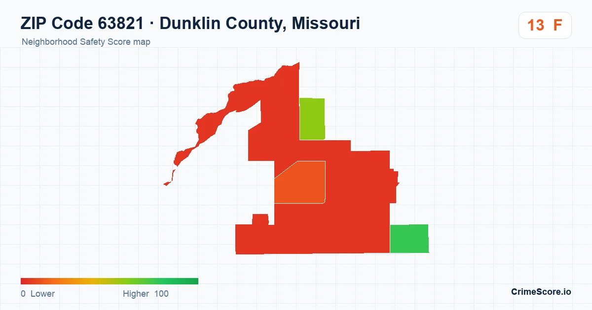 ZIP Code 63821 in Dunklin County, Missouri neighborhood Safety Score map