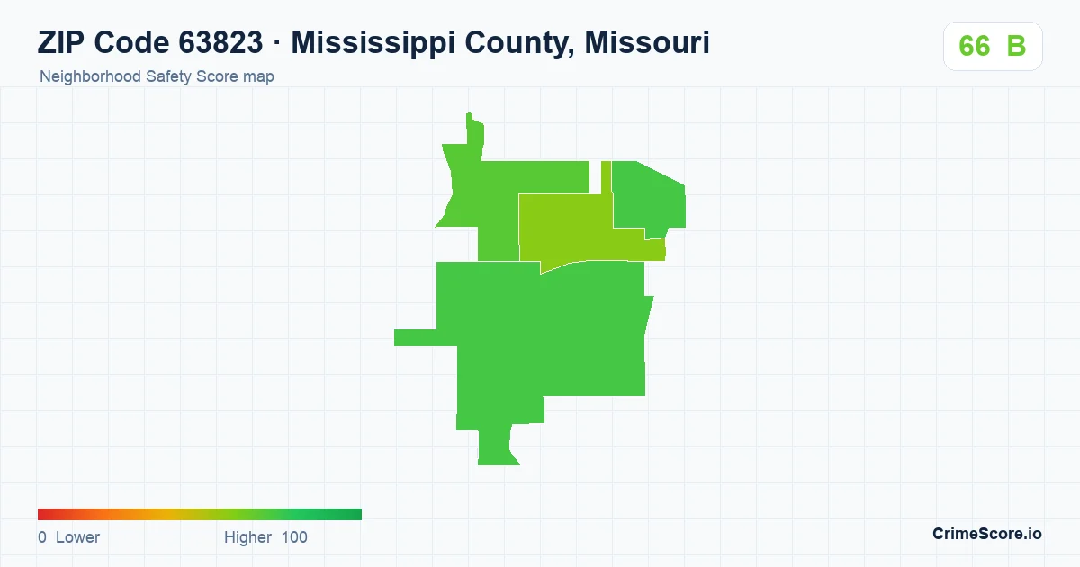 ZIP Code 63823 in Mississippi County, Missouri neighborhood Safety Score map