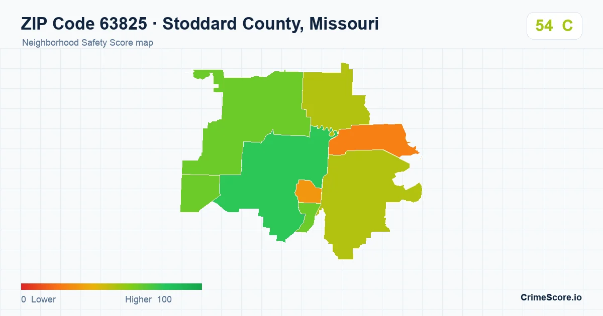 ZIP Code 63825 in Stoddard County, Missouri neighborhood Safety Score map
