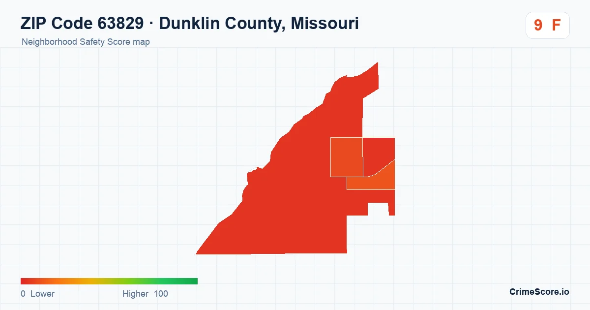 ZIP Code 63829 in Dunklin County, Missouri neighborhood Safety Score map