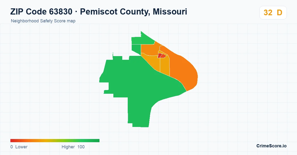 ZIP Code 63830 in Pemiscot County, Missouri neighborhood Safety Score map