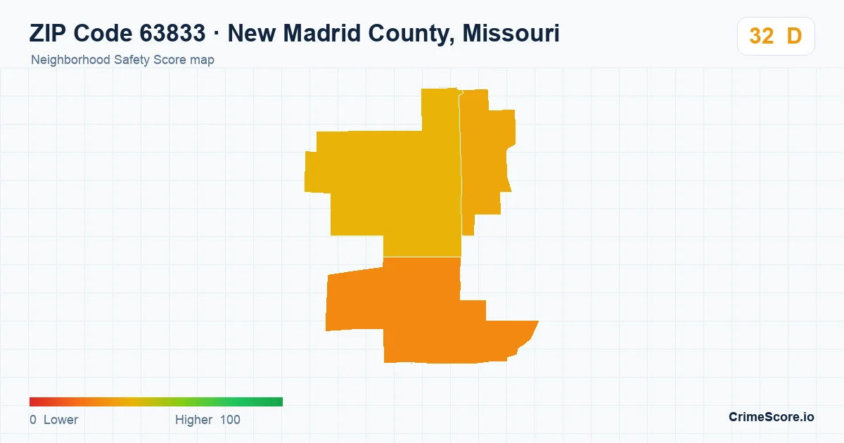 ZIP Code 63833 in New Madrid County, Missouri neighborhood Safety Score map