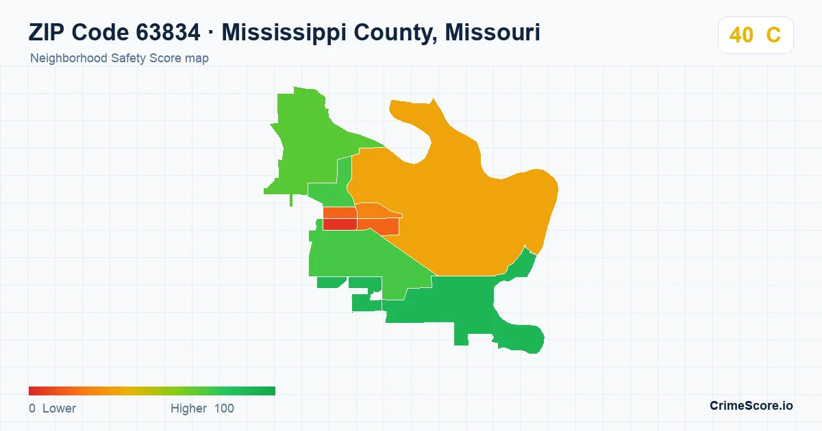 ZIP Code 63834 in Mississippi County, Missouri neighborhood Safety Score map
