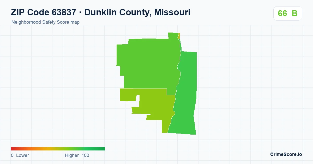 ZIP Code 63837 in Dunklin County, Missouri neighborhood Safety Score map