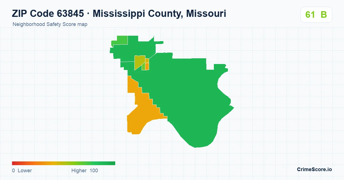 ZIP Code 63845 in Mississippi County, Missouri neighborhood Safety Score map