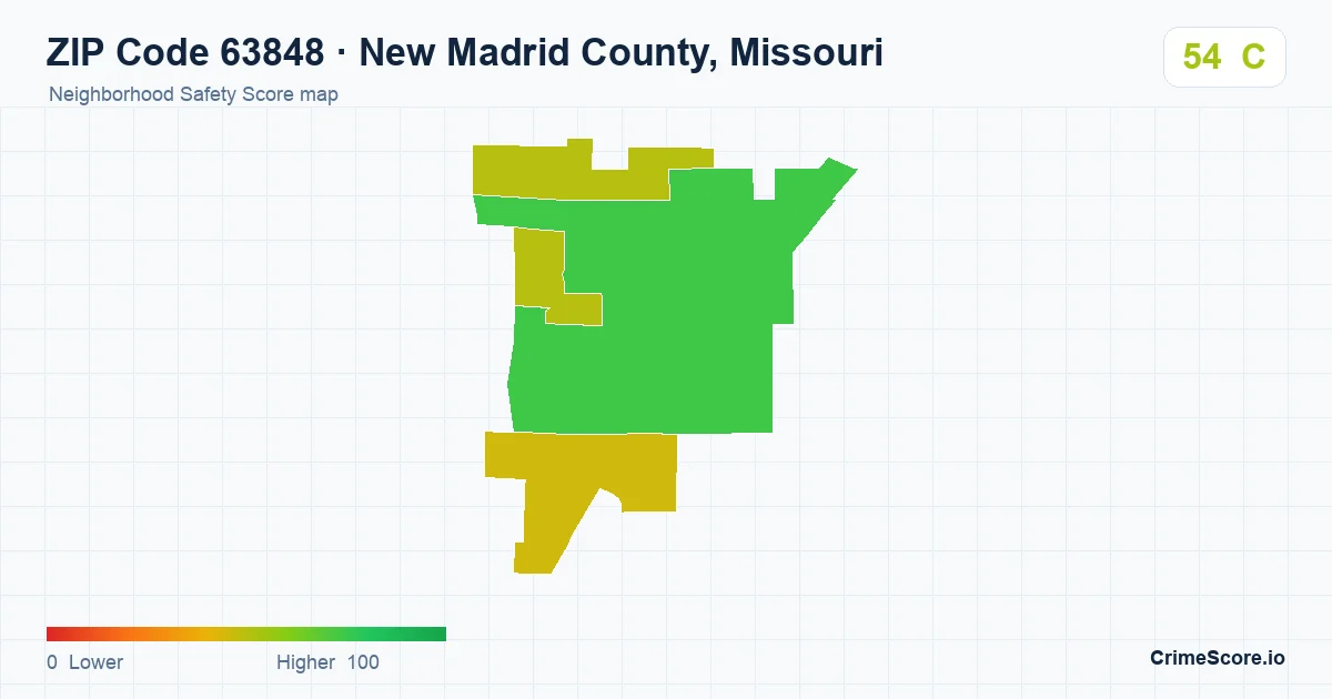 ZIP Code 63848 in New Madrid County, Missouri neighborhood Safety Score map