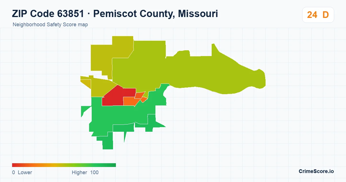 ZIP Code 63851 in Pemiscot County, Missouri neighborhood Safety Score map