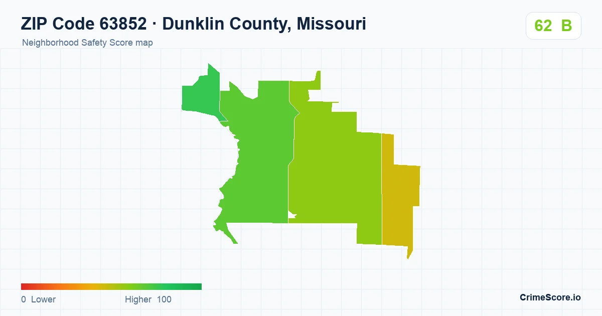 ZIP Code 63852 in Dunklin County, Missouri neighborhood Safety Score map