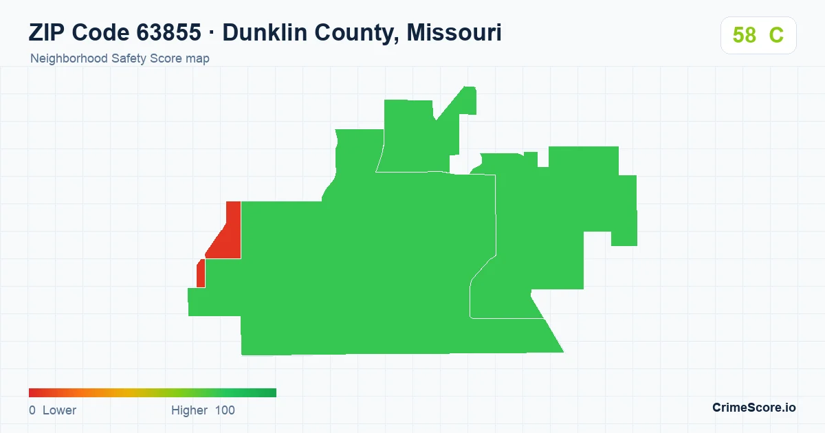 ZIP Code 63855 in Dunklin County, Missouri neighborhood Safety Score map