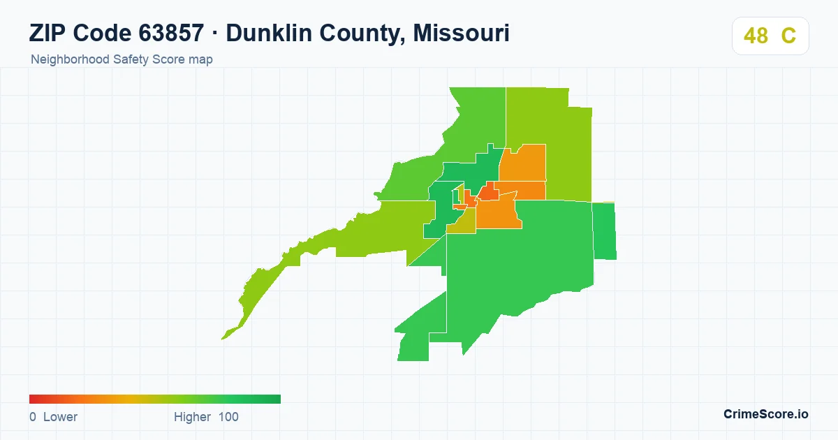 ZIP Code 63857 in Dunklin County, Missouri neighborhood Safety Score map