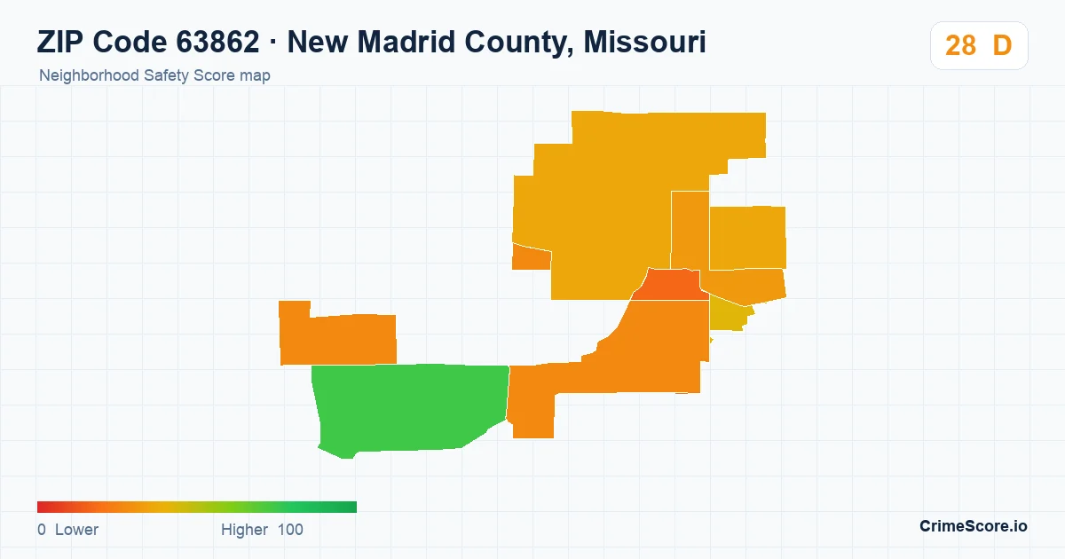 ZIP Code 63862 in New Madrid County, Missouri neighborhood Safety Score map