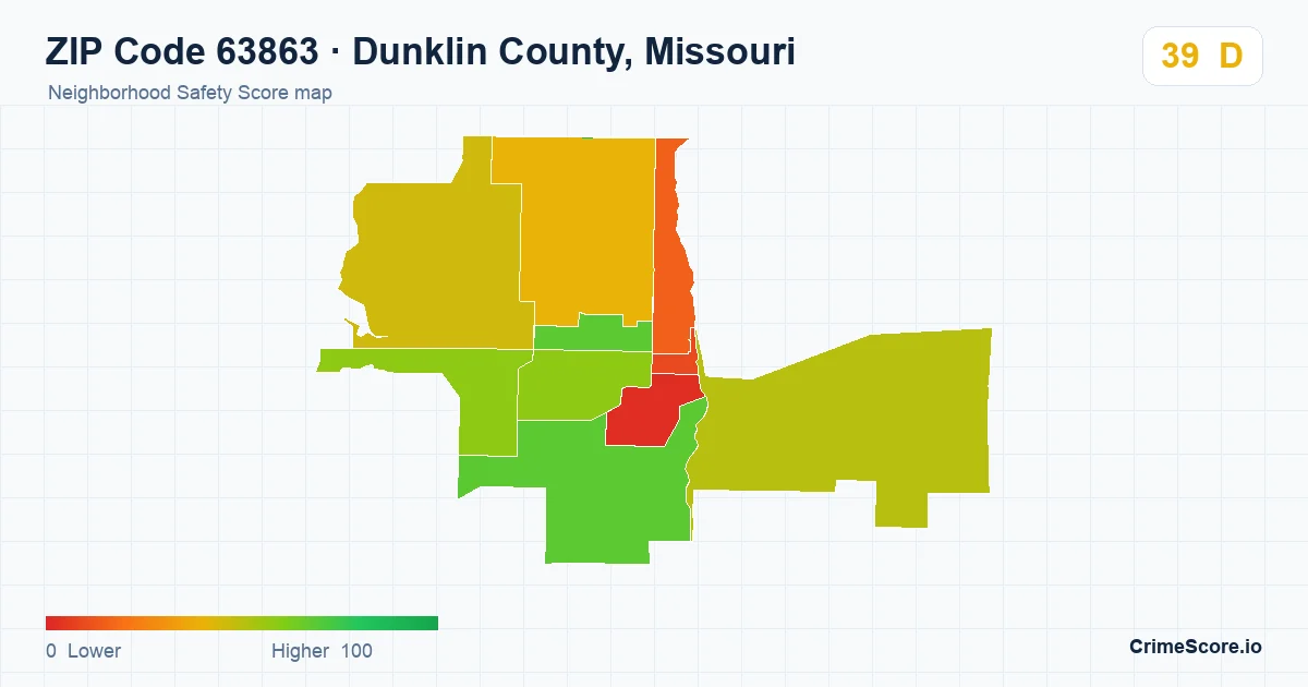 ZIP Code 63863 in Dunklin County, Missouri neighborhood Safety Score map