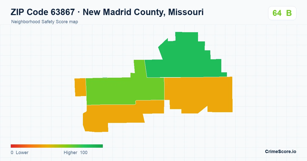 ZIP Code 63867 in New Madrid County, Missouri neighborhood Safety Score map