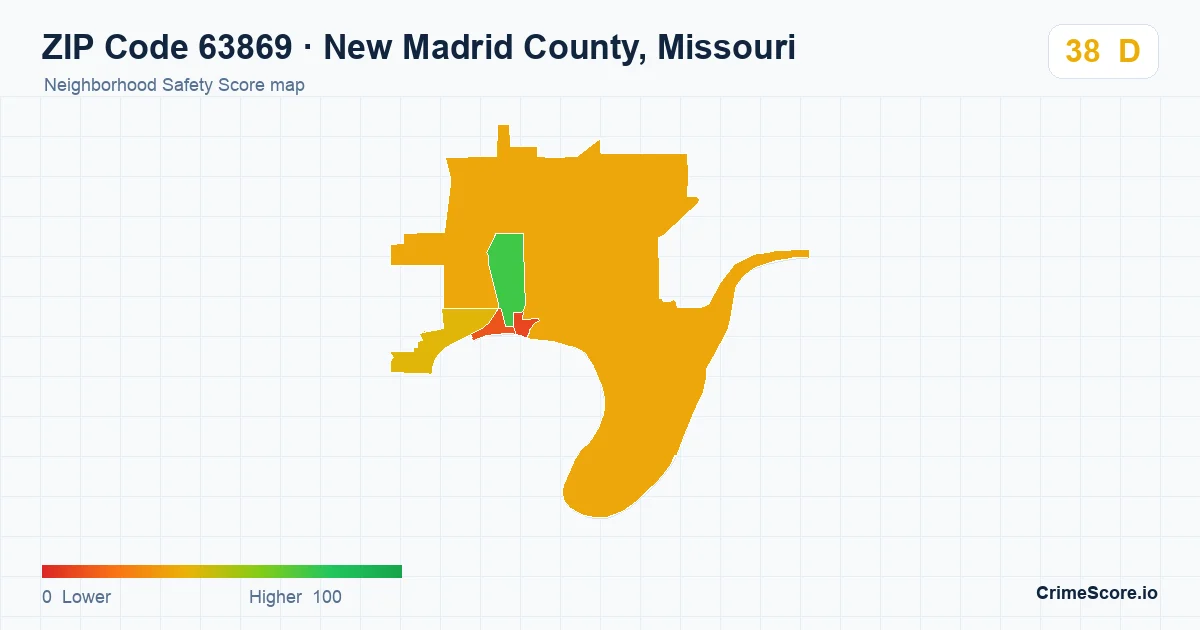 ZIP Code 63869 in New Madrid County, Missouri neighborhood Safety Score map