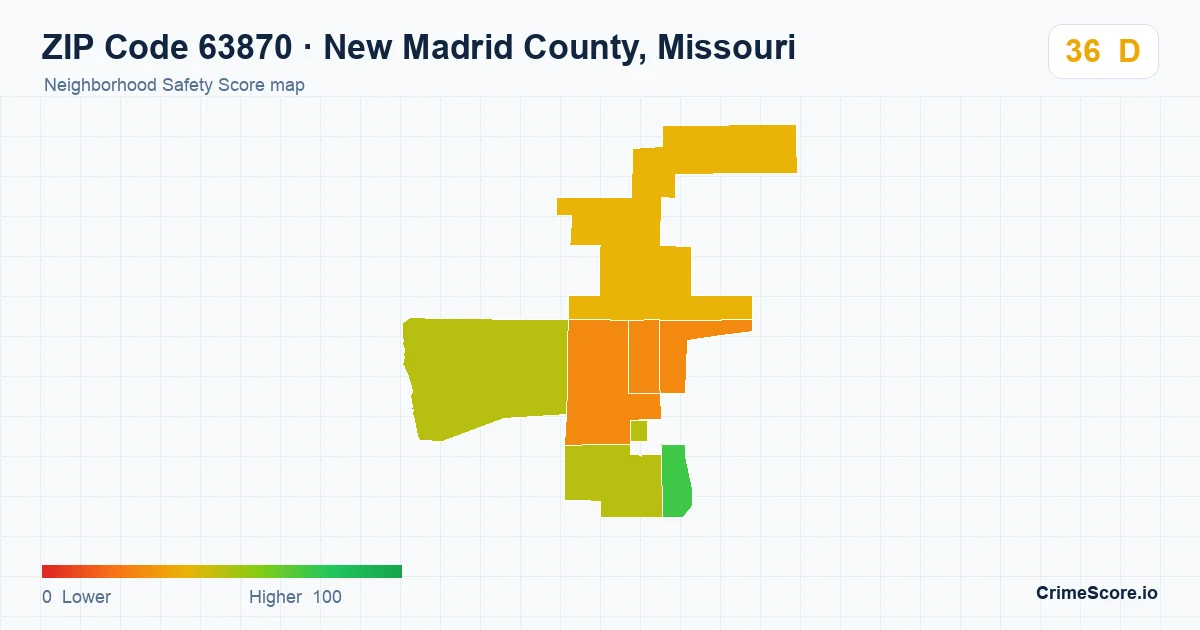 ZIP Code 63870 in New Madrid County, Missouri neighborhood Safety Score map