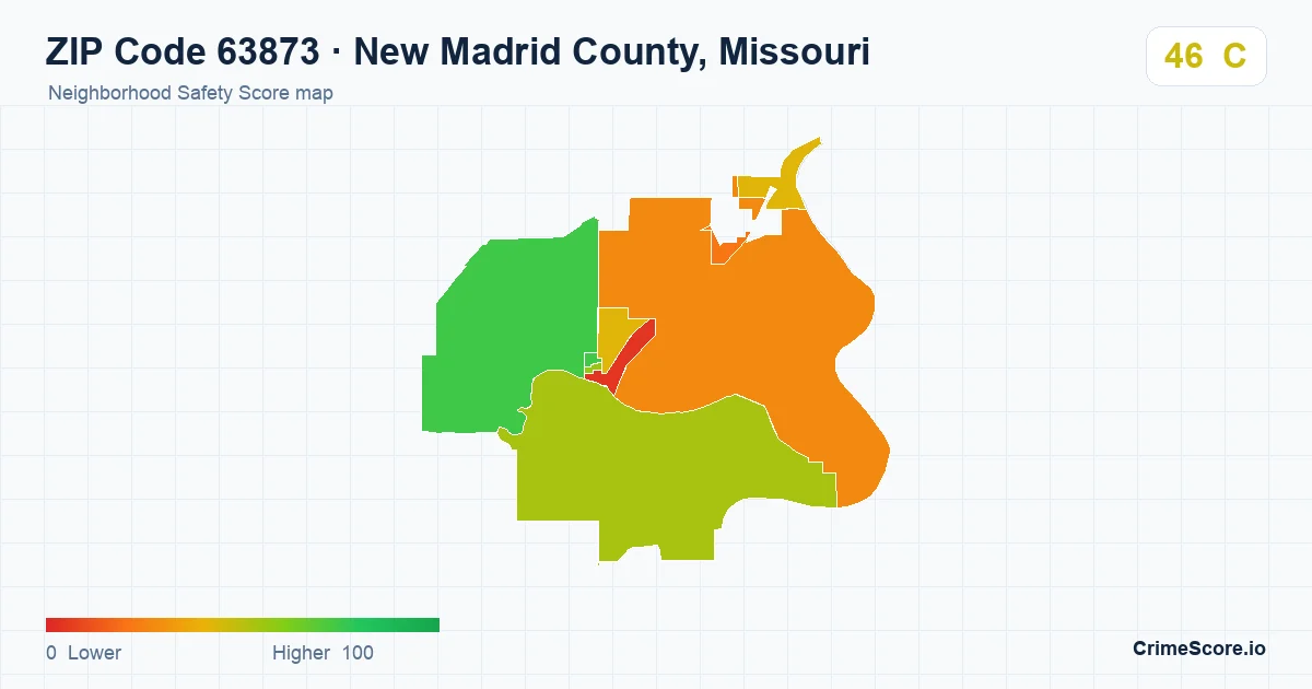 ZIP Code 63873 in New Madrid County, Missouri neighborhood Safety Score map