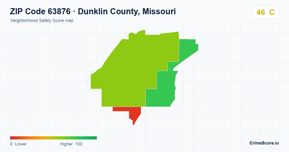 ZIP Code 63876 in Dunklin County, Missouri neighborhood Safety Score map