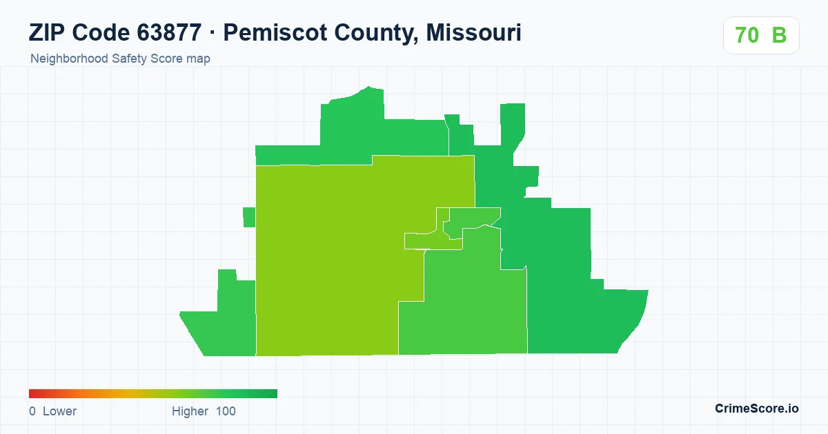 ZIP Code 63877 in Pemiscot County, Missouri neighborhood Safety Score map