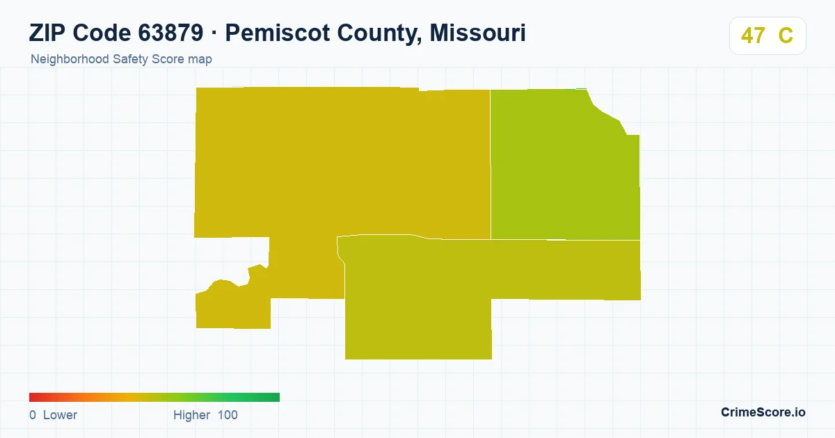 ZIP Code 63879 in Pemiscot County, Missouri neighborhood Safety Score map
