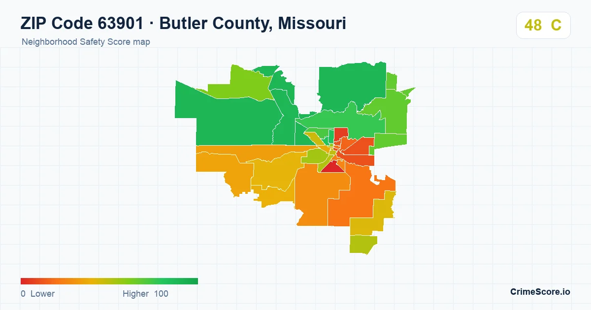 ZIP Code 63901 in Butler County, Missouri neighborhood Safety Score map