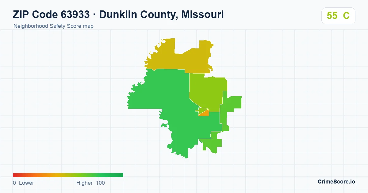 ZIP Code 63933 in Dunklin County, Missouri neighborhood Safety Score map
