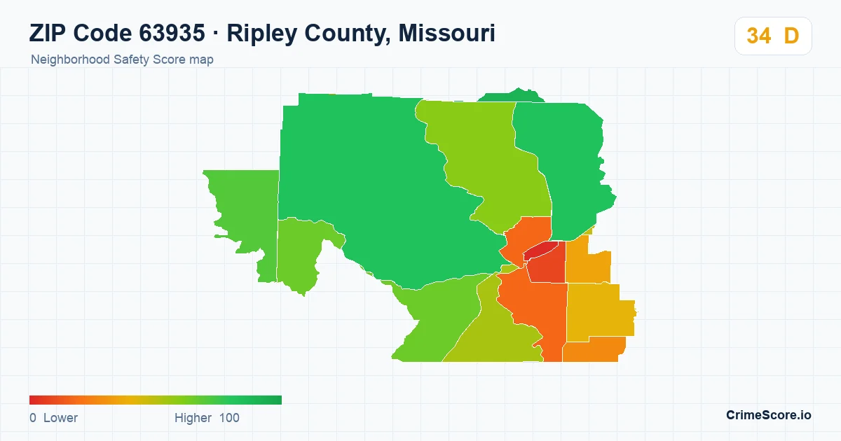 ZIP Code 63935 in Ripley County, Missouri neighborhood Safety Score map