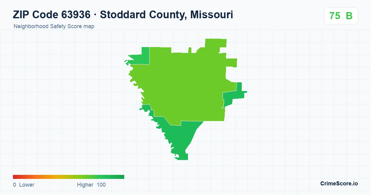 ZIP Code 63936 in Stoddard County, Missouri neighborhood Safety Score map