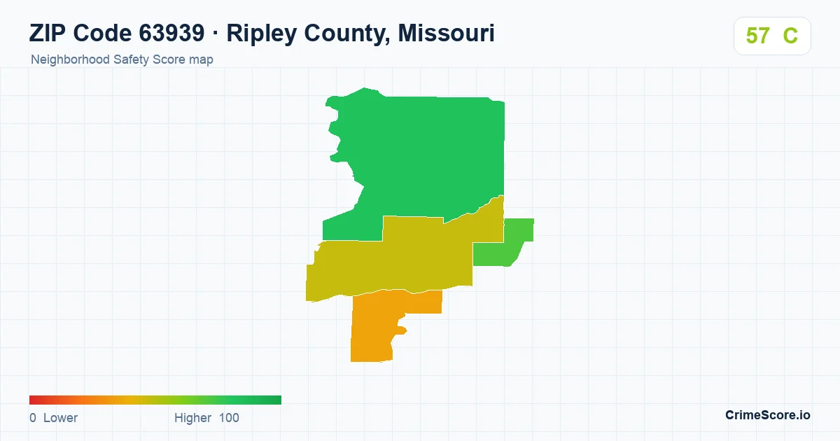 ZIP Code 63939 in Ripley County, Missouri neighborhood Safety Score map