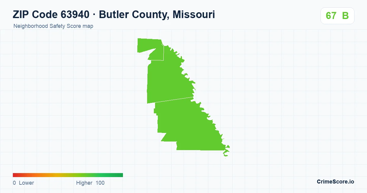 ZIP Code 63940 in Butler County, Missouri neighborhood Safety Score map