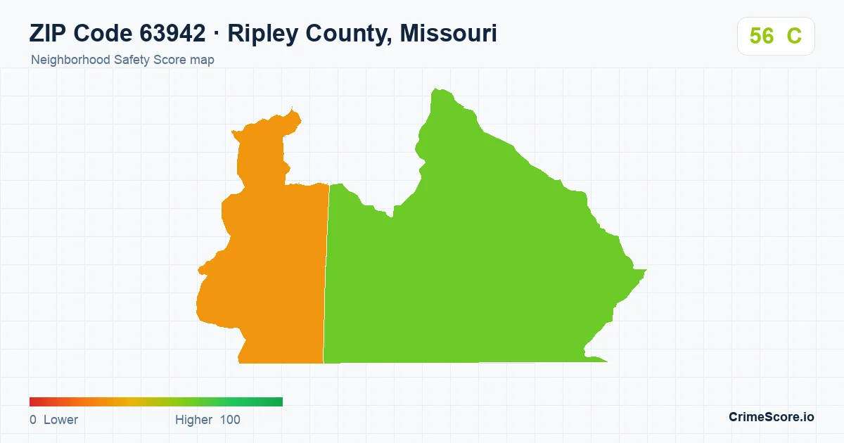 ZIP Code 63942 in Ripley County, Missouri neighborhood Safety Score map