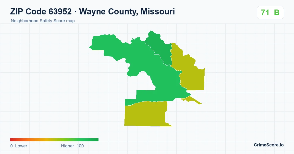 ZIP Code 63952 in Wayne County, Missouri neighborhood Safety Score map