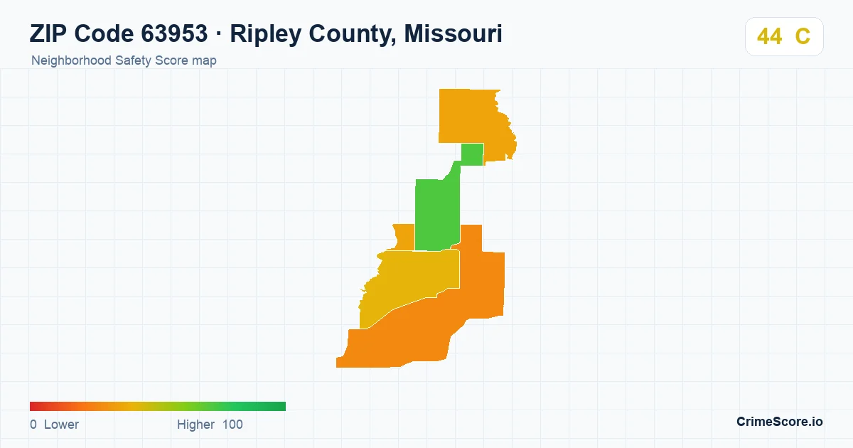 ZIP Code 63953 in Ripley County, Missouri neighborhood Safety Score map