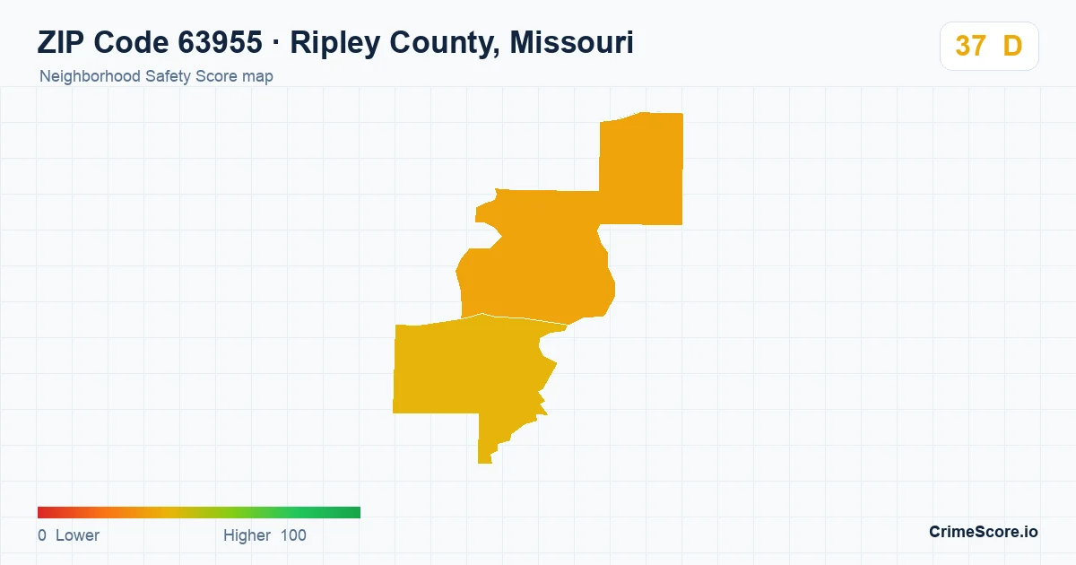 ZIP Code 63955 in Ripley County, Missouri neighborhood Safety Score map