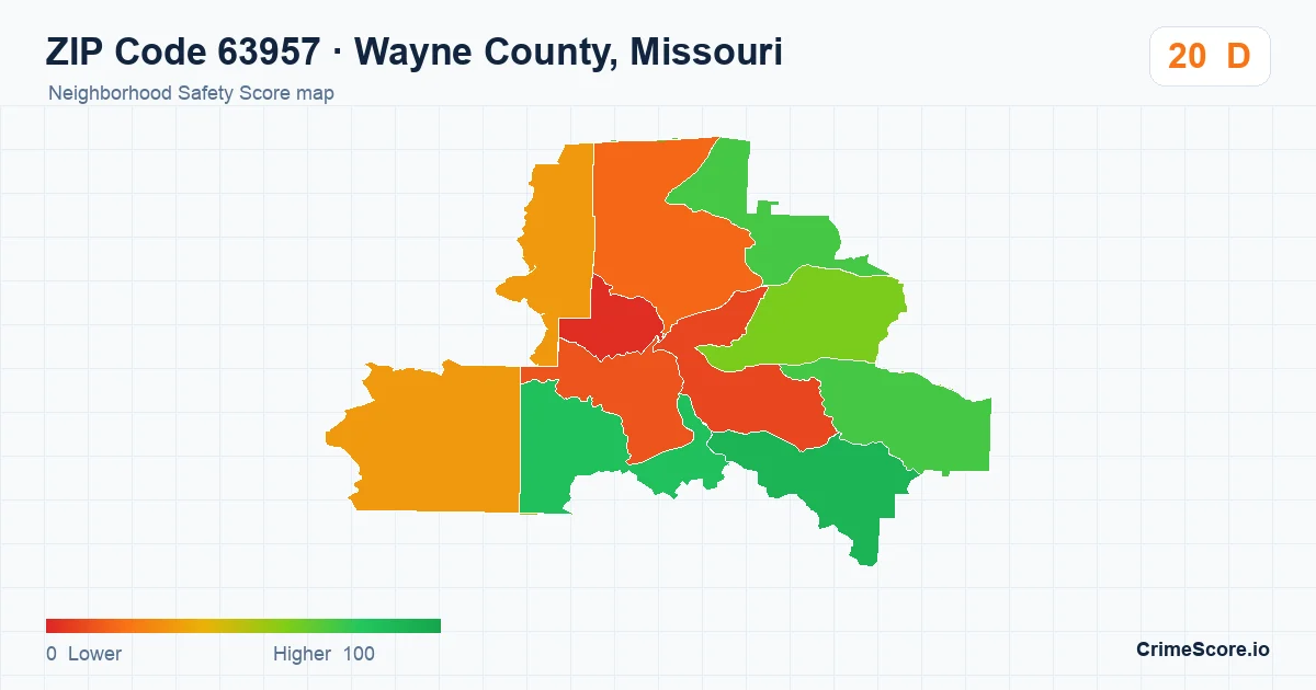 ZIP Code 63957 in Wayne County, Missouri neighborhood Safety Score map