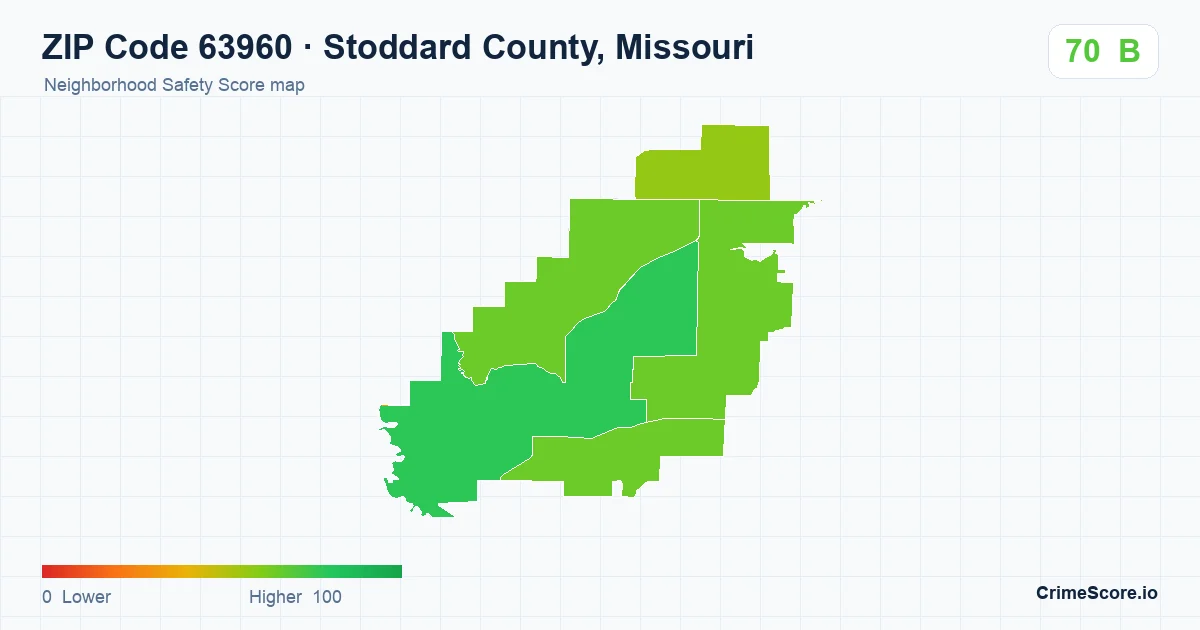 ZIP Code 63960 in Stoddard County, Missouri neighborhood Safety Score map