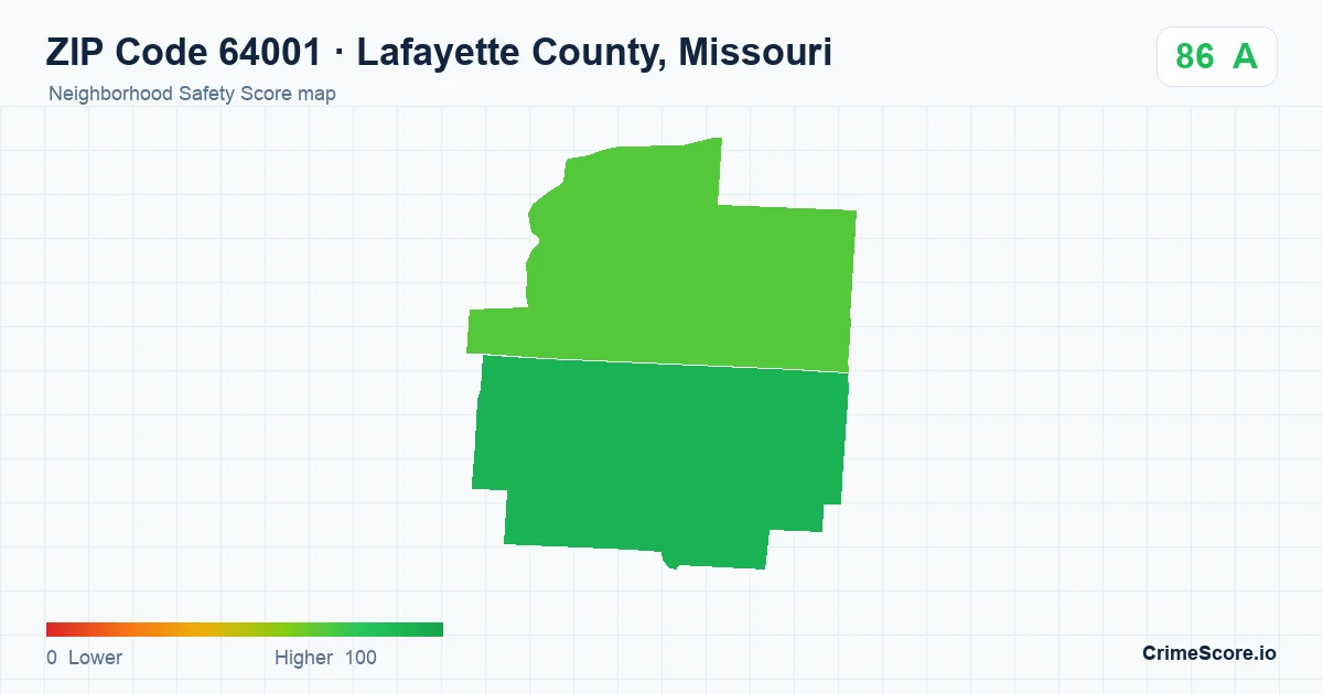 ZIP Code 64001 in Lafayette County, Missouri neighborhood Safety Score map