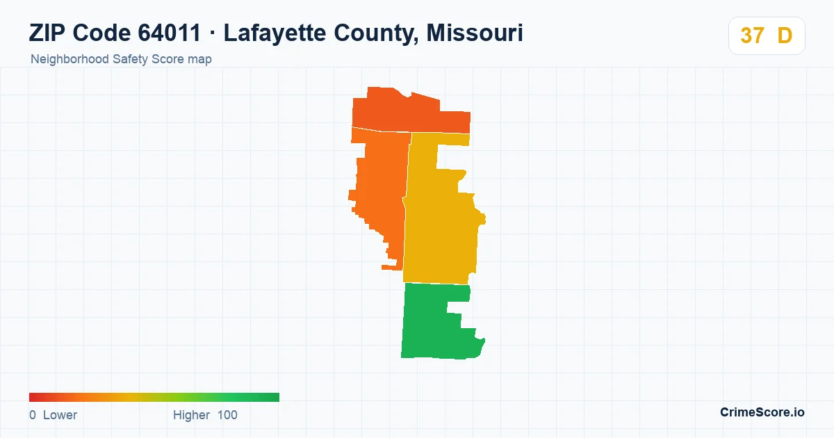 ZIP Code 64011 in Lafayette County, Missouri neighborhood Safety Score map