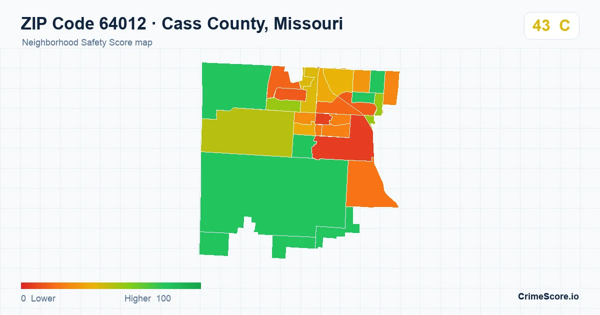 ZIP Code 64012 in Cass County, Missouri neighborhood Safety Score map