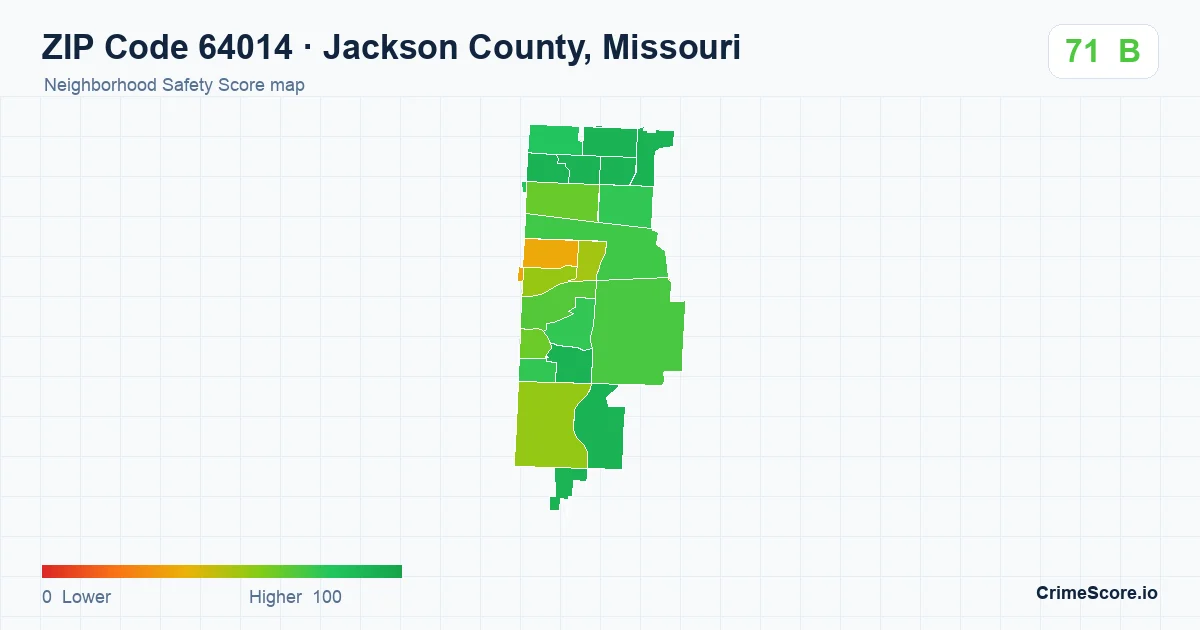 ZIP Code 64014 in Jackson County, Missouri neighborhood Safety Score map