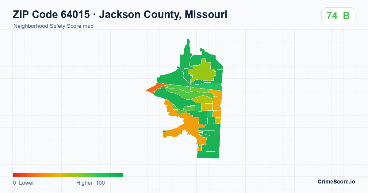 ZIP Code 64015 in Jackson County, Missouri neighborhood Safety Score map