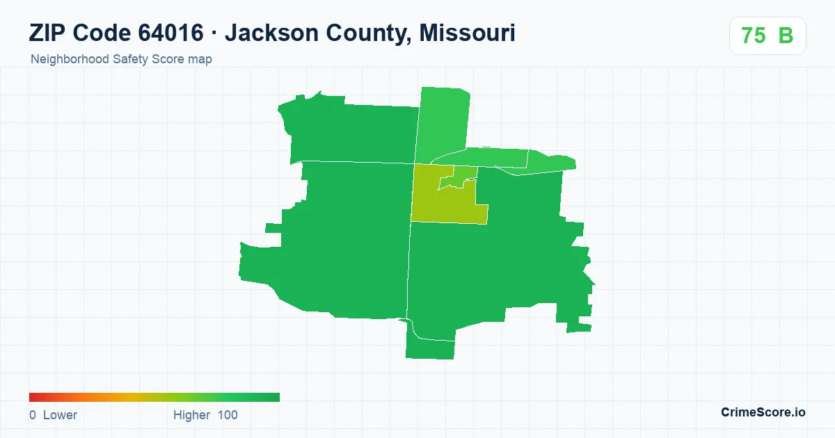 ZIP Code 64016 in Jackson County, Missouri neighborhood Safety Score map