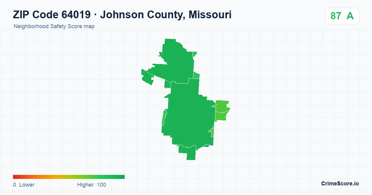 ZIP Code 64019 in Johnson County, Missouri neighborhood Safety Score map