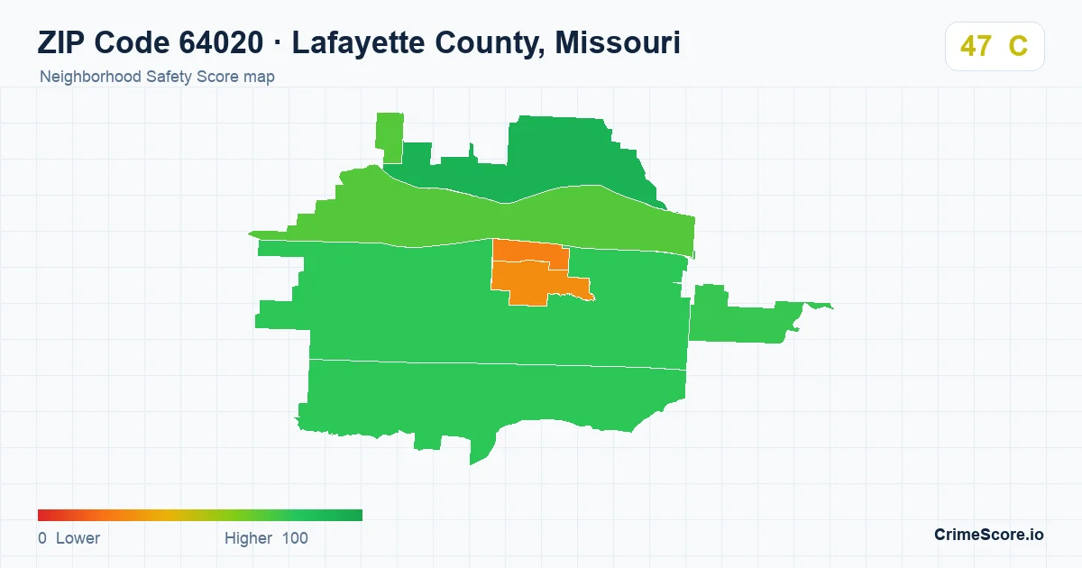 ZIP Code 64020 in Lafayette County, Missouri neighborhood Safety Score map