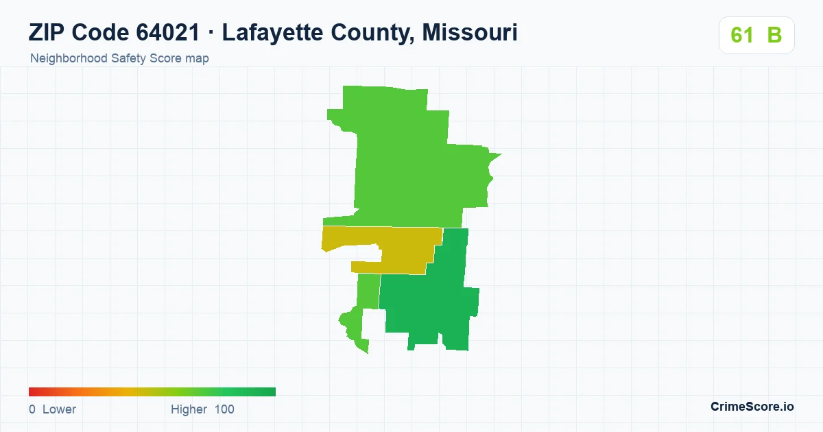 ZIP Code 64021 in Lafayette County, Missouri neighborhood Safety Score map