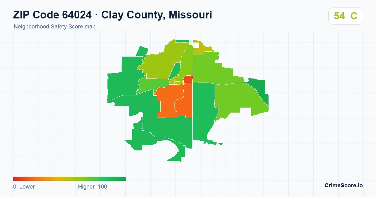 ZIP Code 64024 in Clay County, Missouri neighborhood Safety Score map