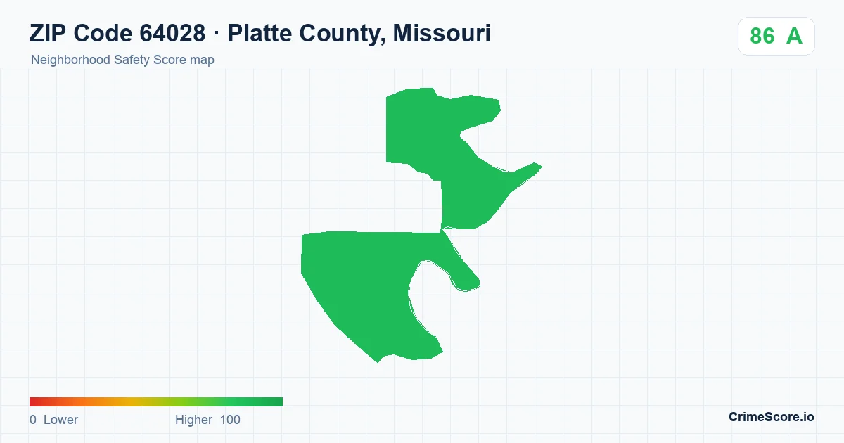 ZIP Code 64028 in Platte County, Missouri neighborhood Safety Score map